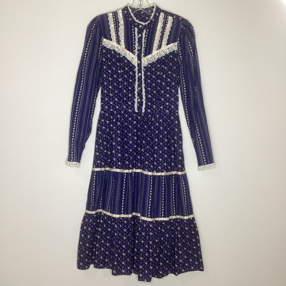Candi Jones California Vintage Prairie Midi Dress Navy Floral Lace Sz 11 - Picture 1 of 8